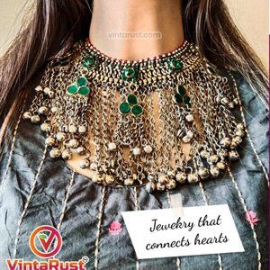 Massive Afghan Tribal Jewelry Set, Antique Kuchi Long Dangling Bells Necklace